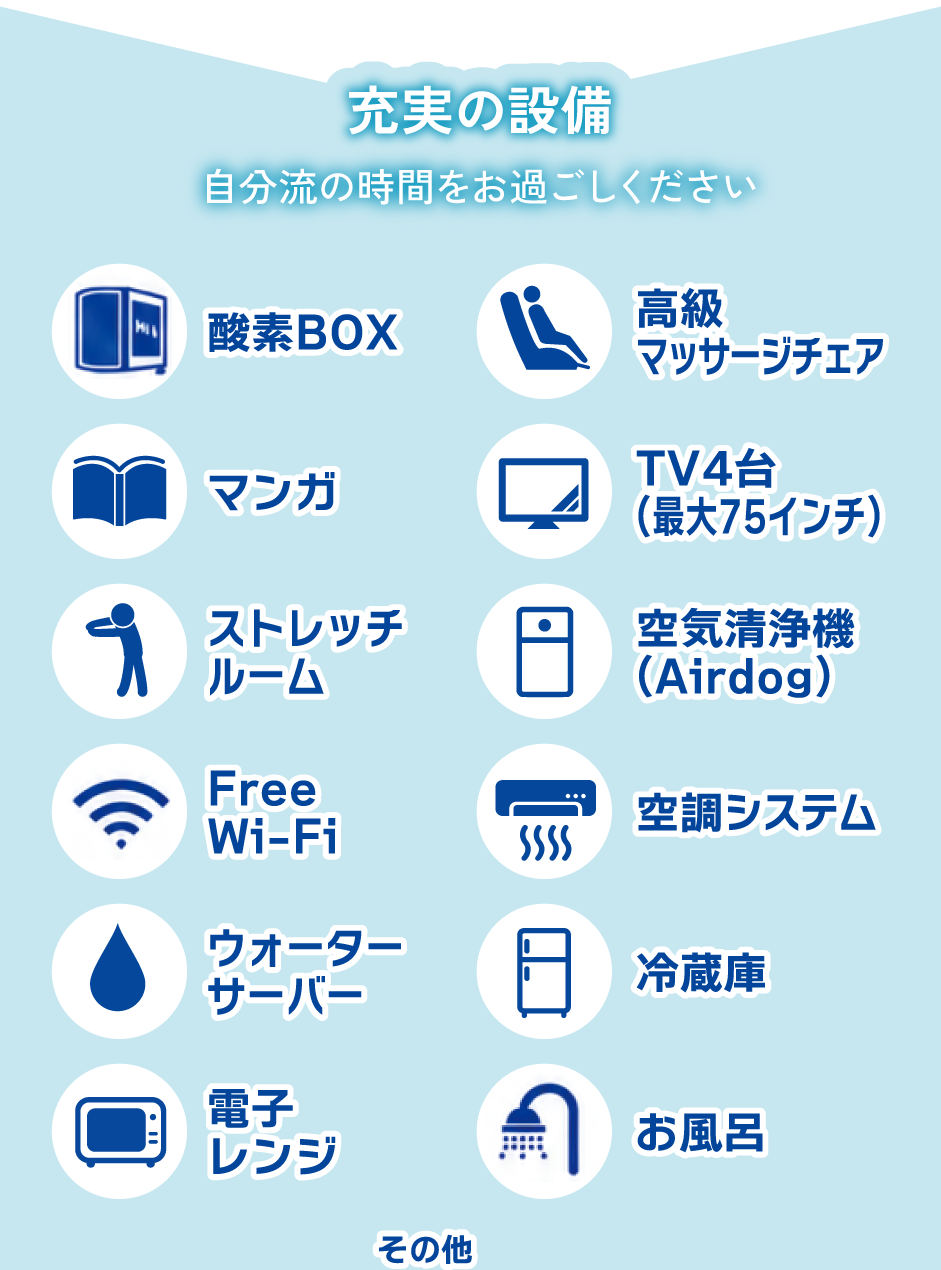 充実の設備。酸素BOX、高級マッサージチェア、マンガ、TV(最大75インチ)、ストレッチルーム、空気清浄機(Airdog)、Free Wi-Fi、空調システム、ウォーターサーバー、冷蔵庫、電子レンジ、お風呂ほか。