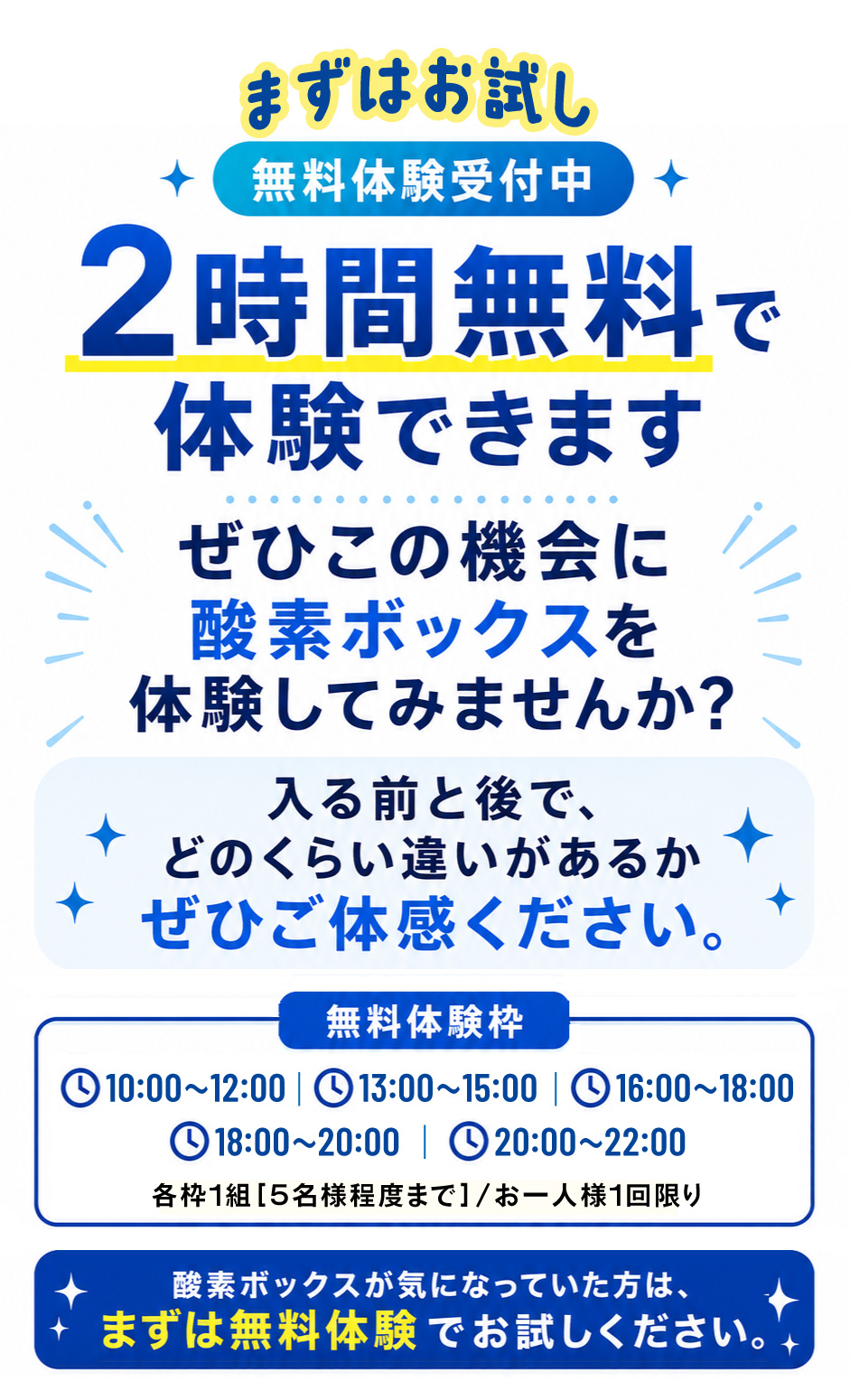 まずはお試し、無料体験受付中。2時間無料で体験できます。入る前と後でどのくらい違いがあるか、ぜひご体感ください。無料体験枠 10:00〜12:00／13:00〜15:00／16:00〜18:00／18:00〜20:00／20:00〜22:00、各枠1組・5名様程度まで、お一人様1回限り。