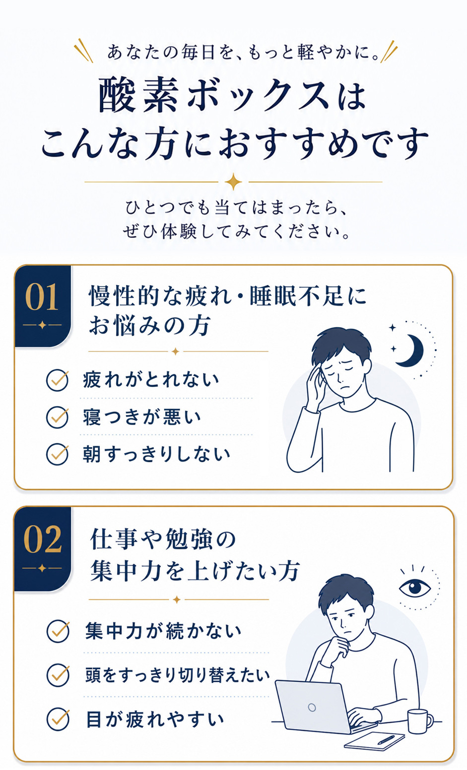 あなたの毎日を、もっと軽やかに。酸素ボックスはこんな方におすすめです。01 慢性的な疲れ・睡眠不足にお悩みの方(疲れがとれない/寝つきが悪い/朝すっきりしない)。02 仕事や勉強の集中力を上げたい方(集中力が続かない/頭をすっきり切り替えたい/目が疲れやすい)。